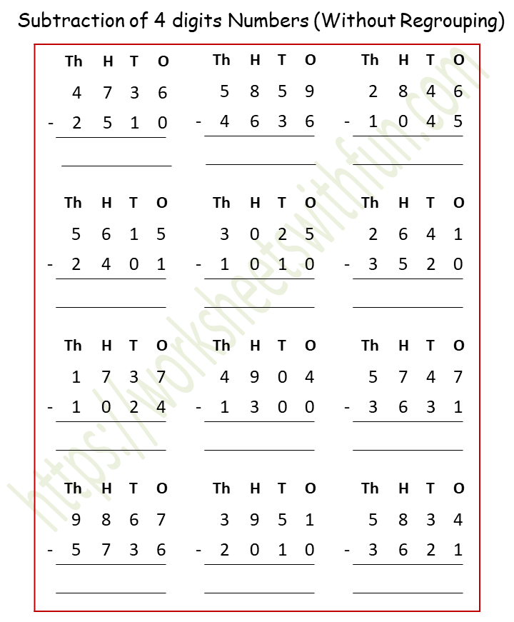 Maths Class 4 Subtraction Of 4 Digits Numbers Without Regrouping 